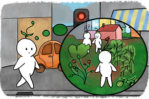 Auf einem gemalten Bild ist ein weisses Männchen zu sehen, welches durch eine Stadt läuft, und dabei (in Form einer Denkblase) von einem grünen Garten träumt. Das Männchen hat einen grossen, runden Kopf und als Haare eine kleine Pflanze. Es sieht sehr spielerisch, süss und ruhig aus.